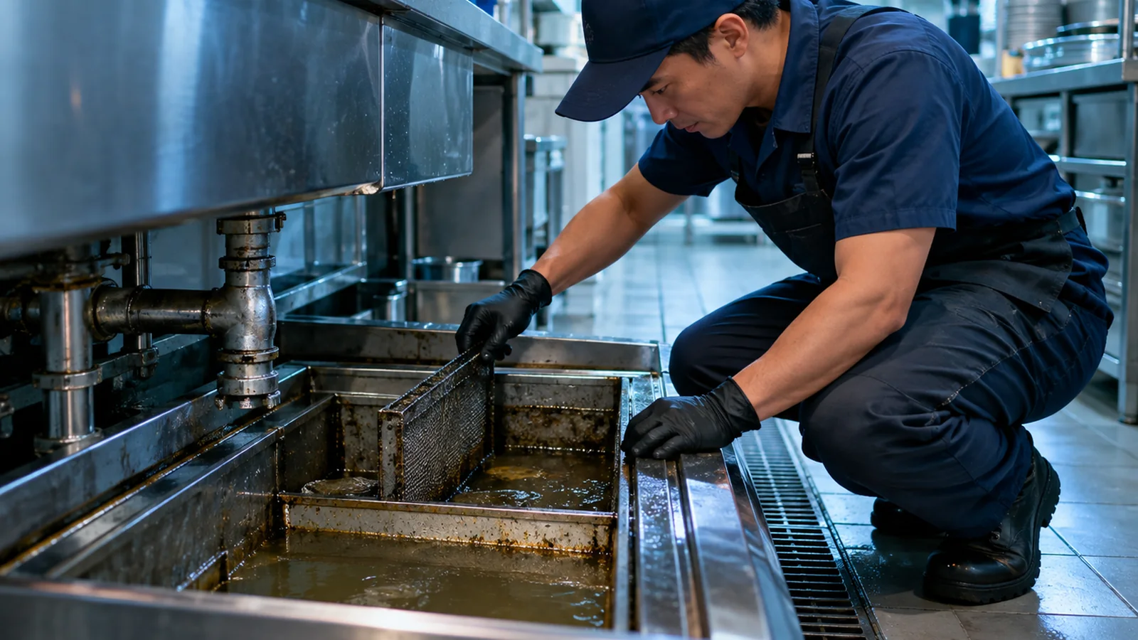 Profissional verificando e limpando caixa de gordura em cozinha industrial