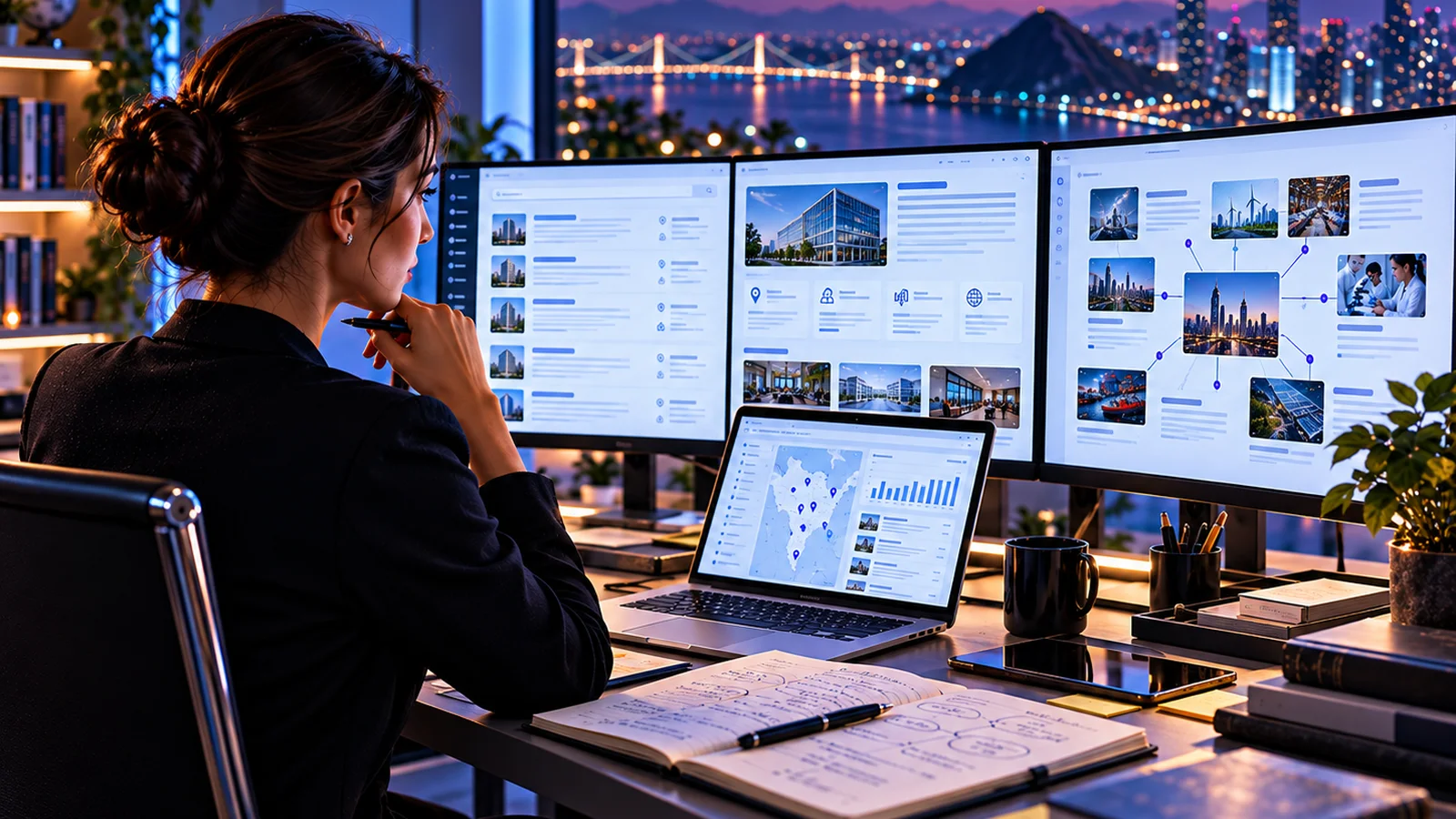 Profissional pesquisando e organizando informações digitais em escritório