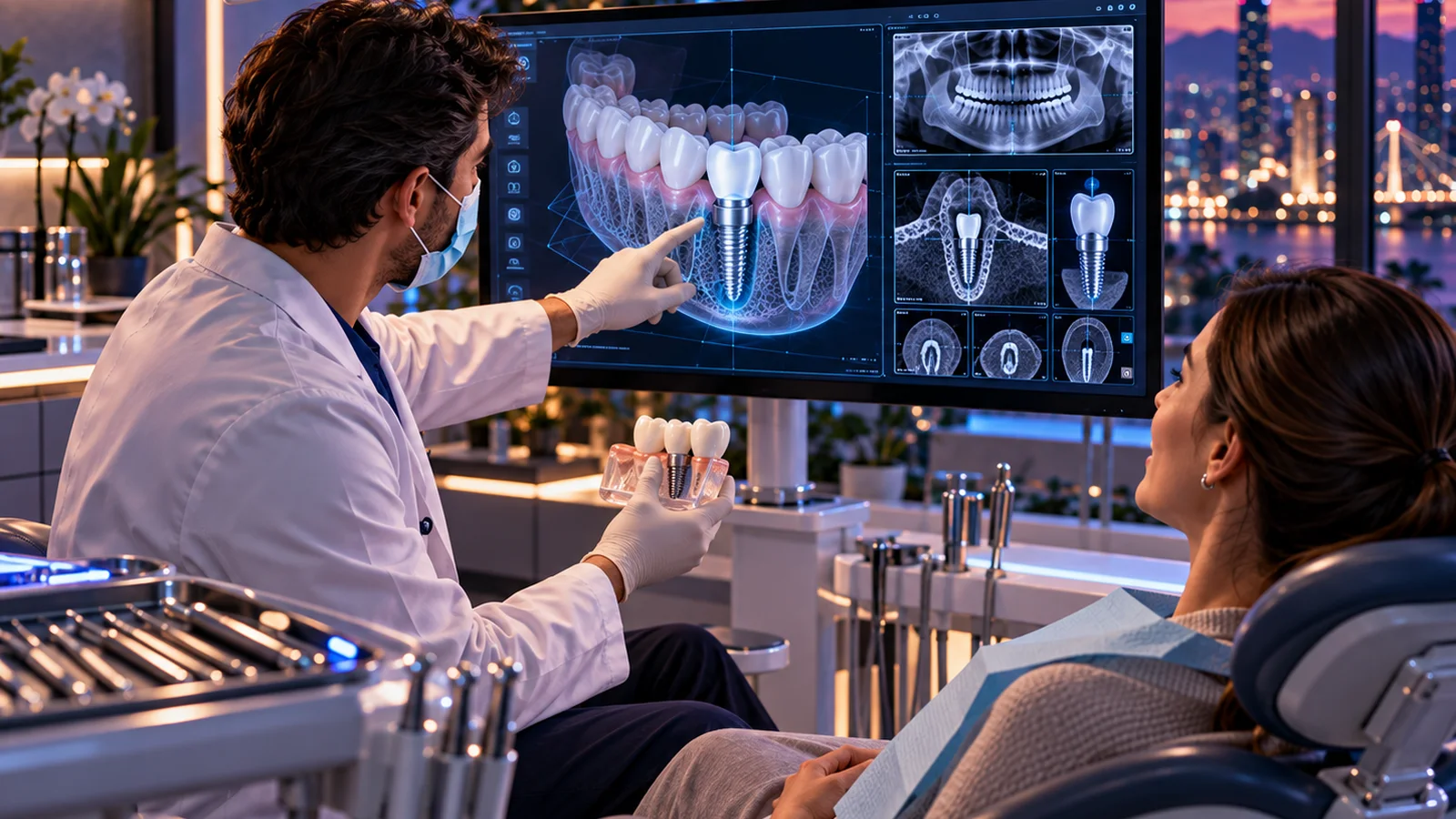 Dentista apresentando planejamento digital ilustrativo de implante dentário a paciente