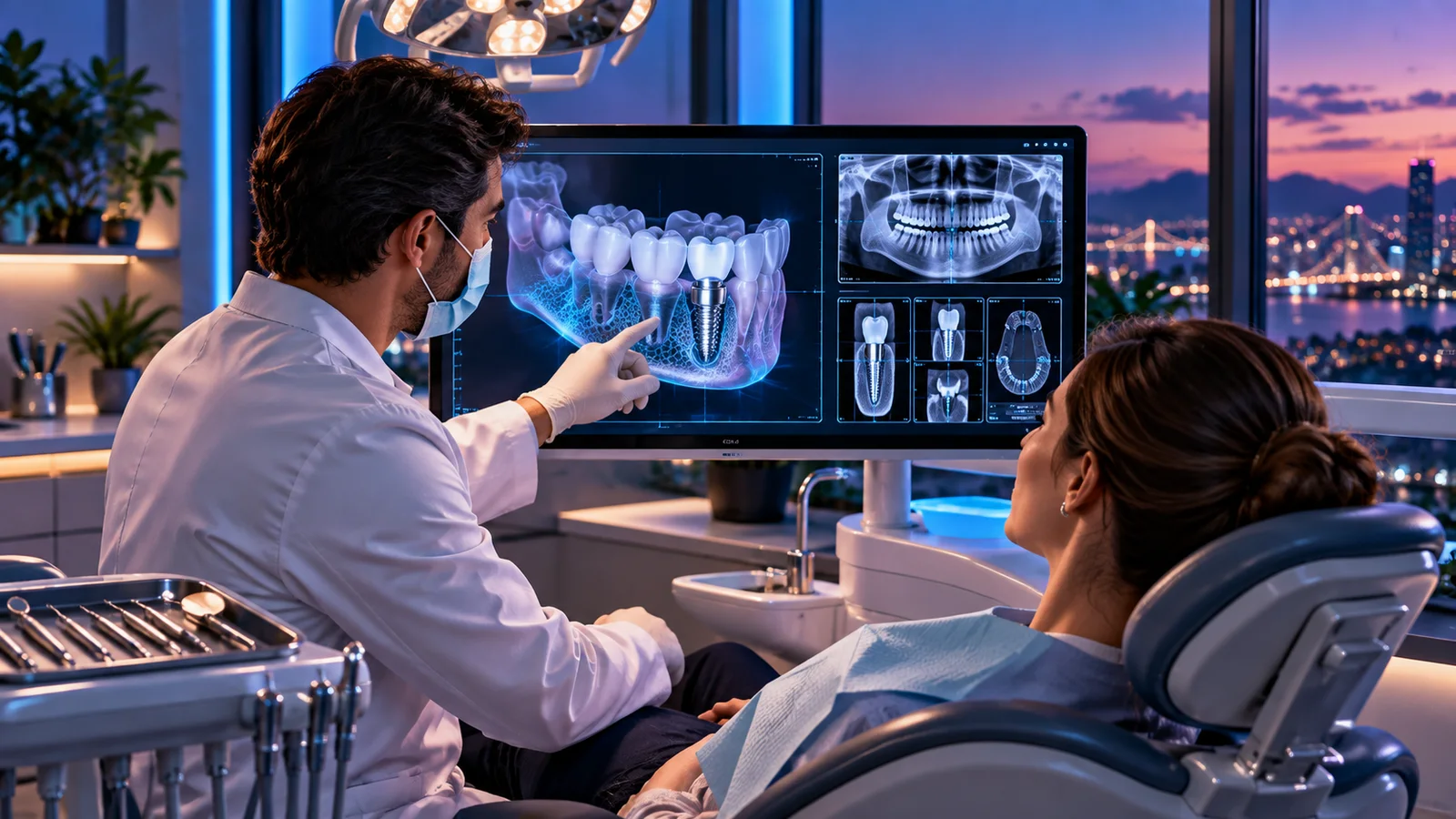 Consulta odontológica ilustrativa com planejamento digital de implantes
