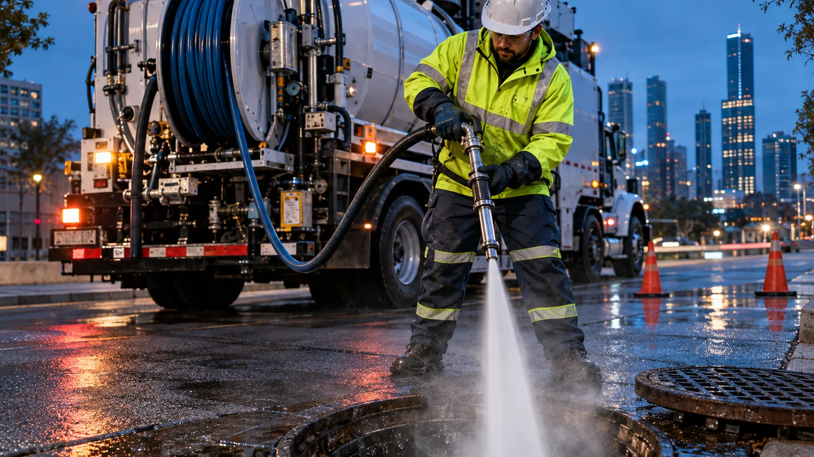 Profissional executando hidrojateamento de alta pressão na rede de drenagem com equipamento especializado