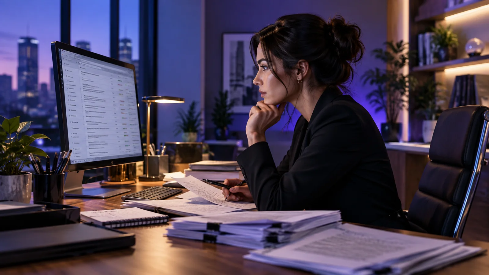 Pessoa pesquisando e conferindo informações em computador de trabalho