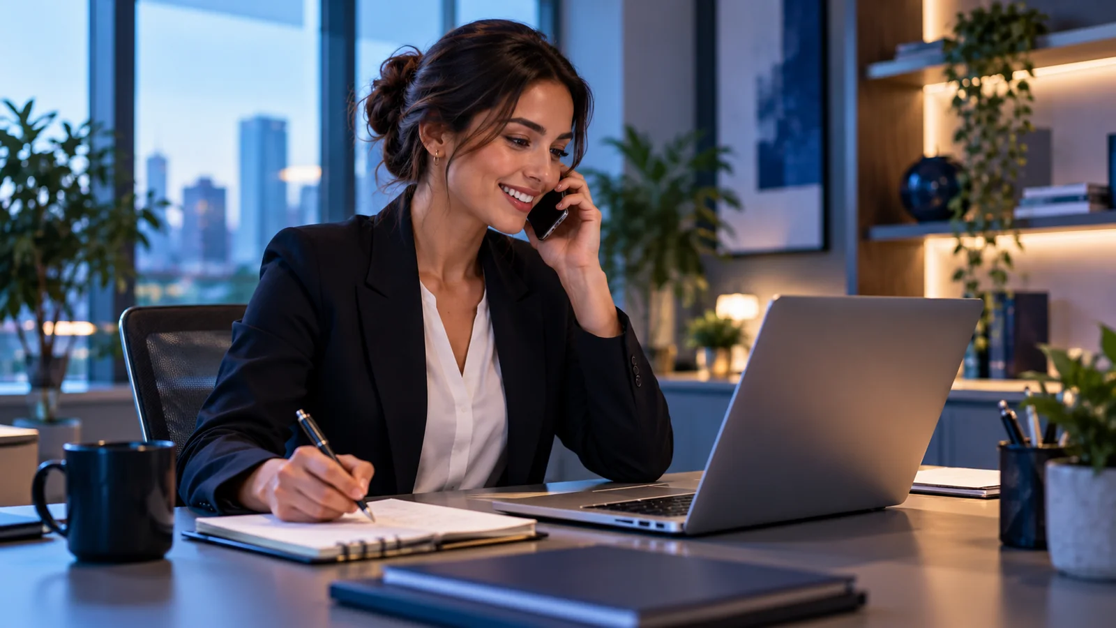 Profissional em atendimento telefônico e anotando informações no computador