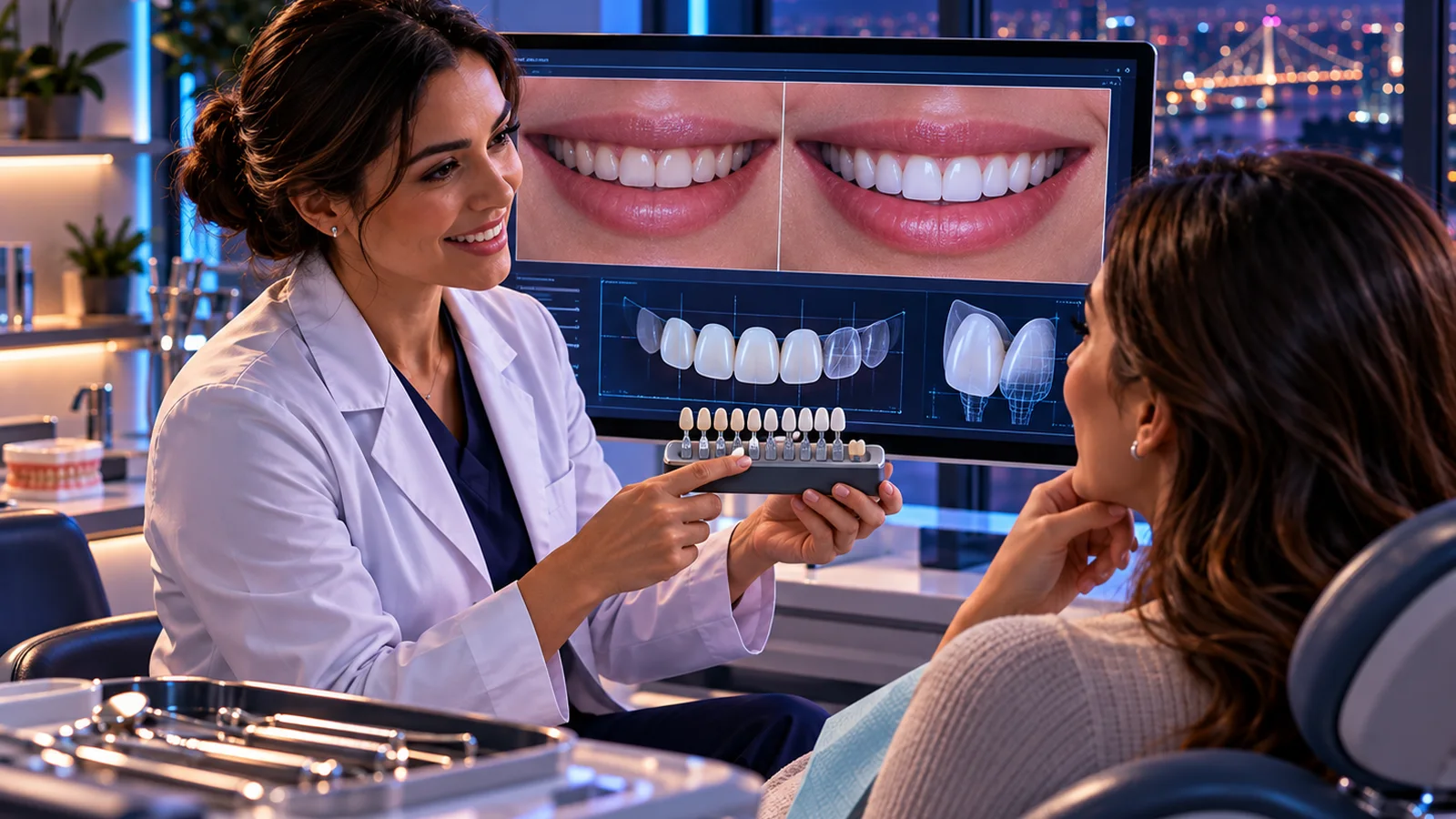 Profissional de odontologia avaliando opções estéticas de forma ilustrativa