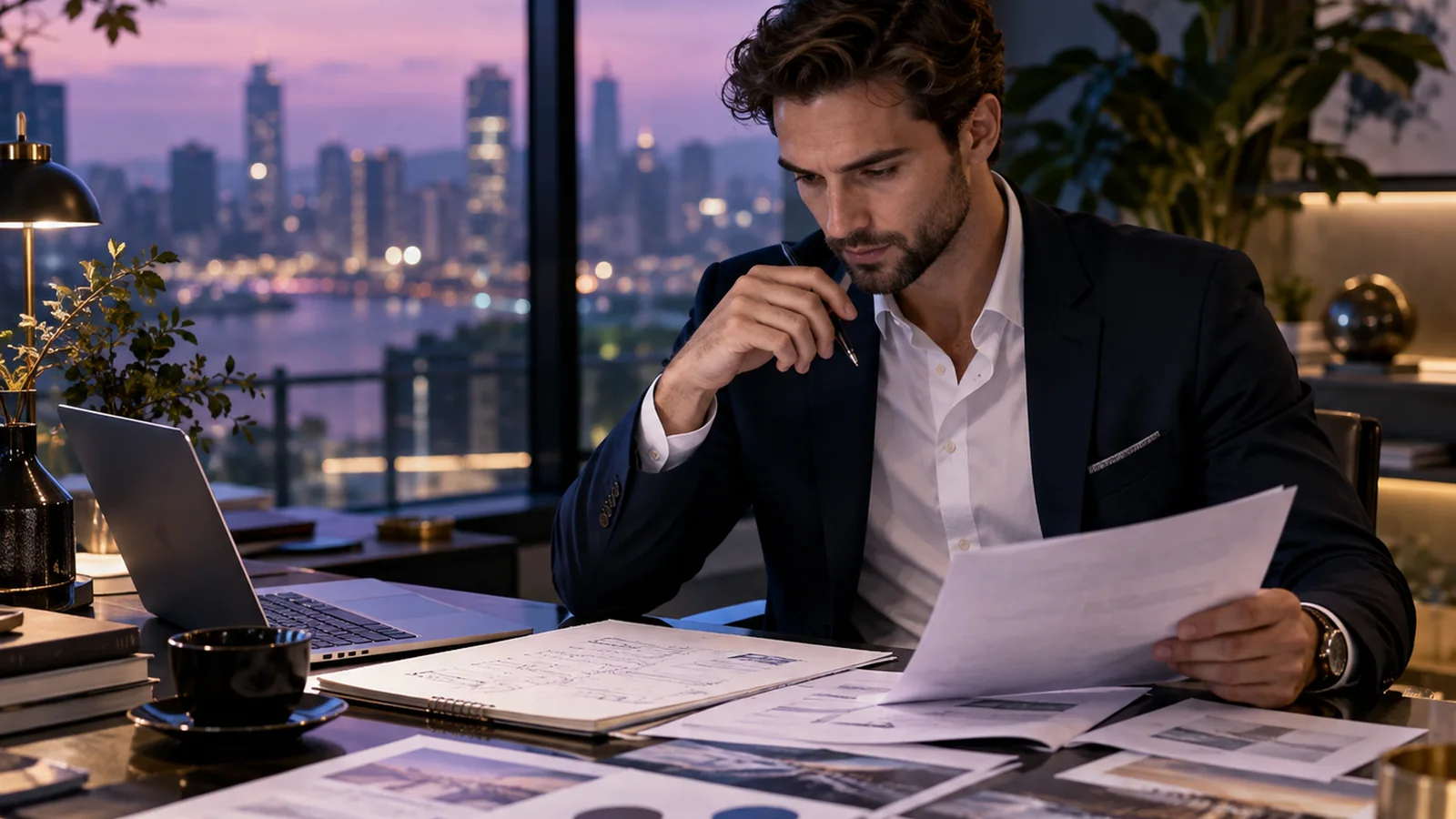 Empreendedor organizando documentos e anotações para analisar planejamento empresarial e proteção de marca