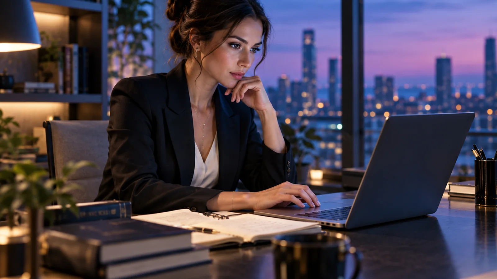 Especialista pesquisando possibilidades de marca em computador em escritório corporativo