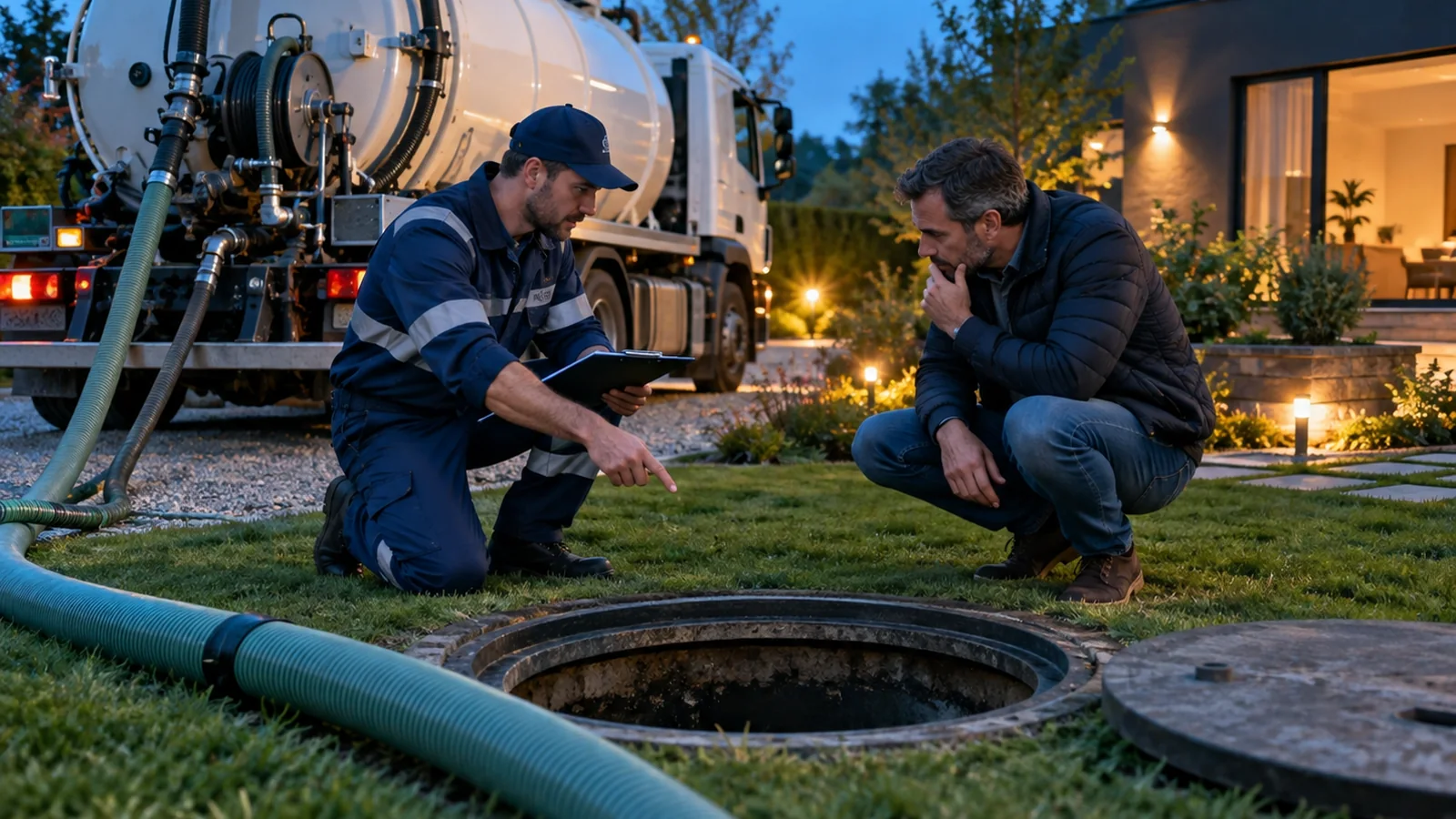 Técnico apresentando o planejamento de limpeza de fossa próximo a caminhão de sucção em imóvel residencial