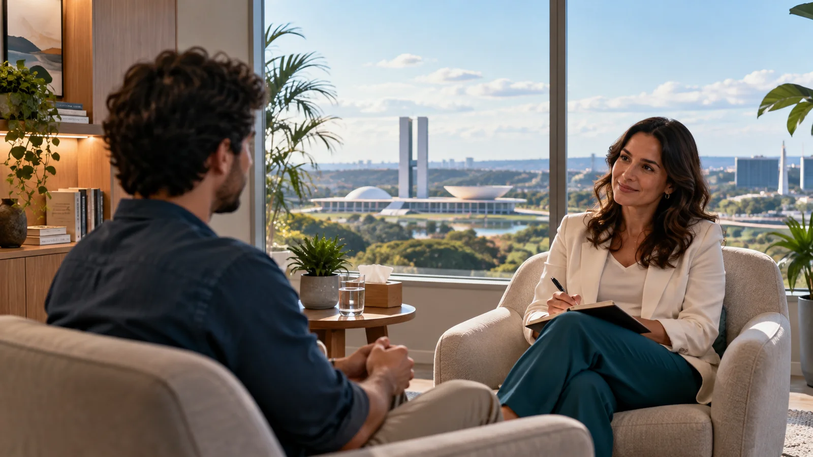 Cena ilustrativa de conversa inicial com profissional de saúde mental em ambiente acolhedor