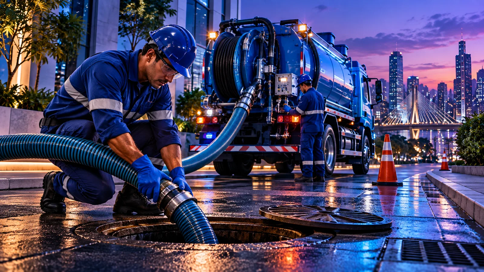 Imagem ilustrativa de equipe técnica de saneamento realizando serviço urbano
